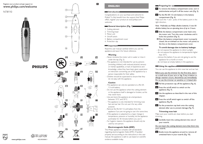 Image de la première page du manuel de l'appareil Norelco NT8110