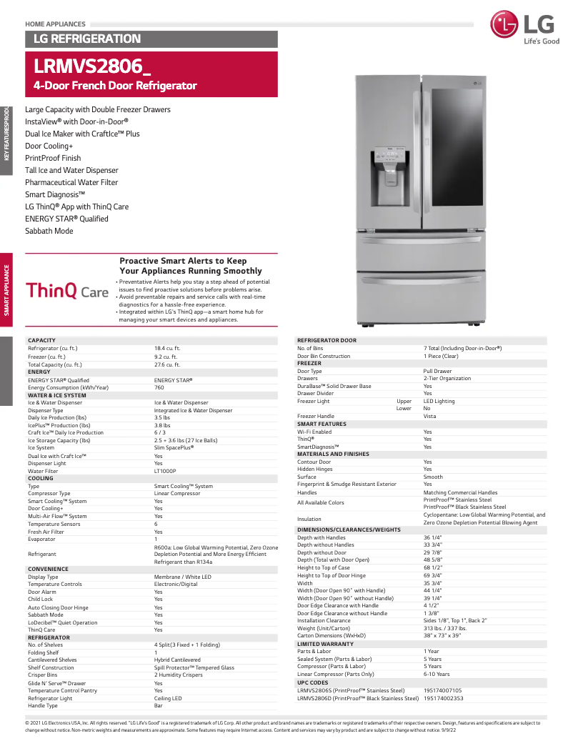 Page 1 de la notice Fiche technique LG LRMVS2806S