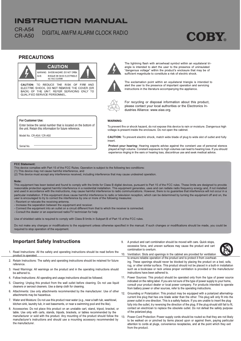 Page 1 de la notice Manuel utilisateur Coby CR-A50