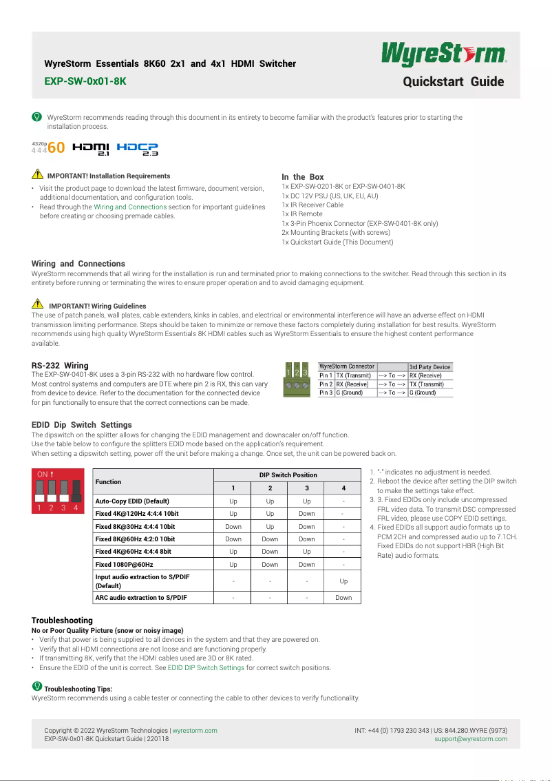 Page n°1 - Manuel utilisateur WyreStorm EXP-SW-0201