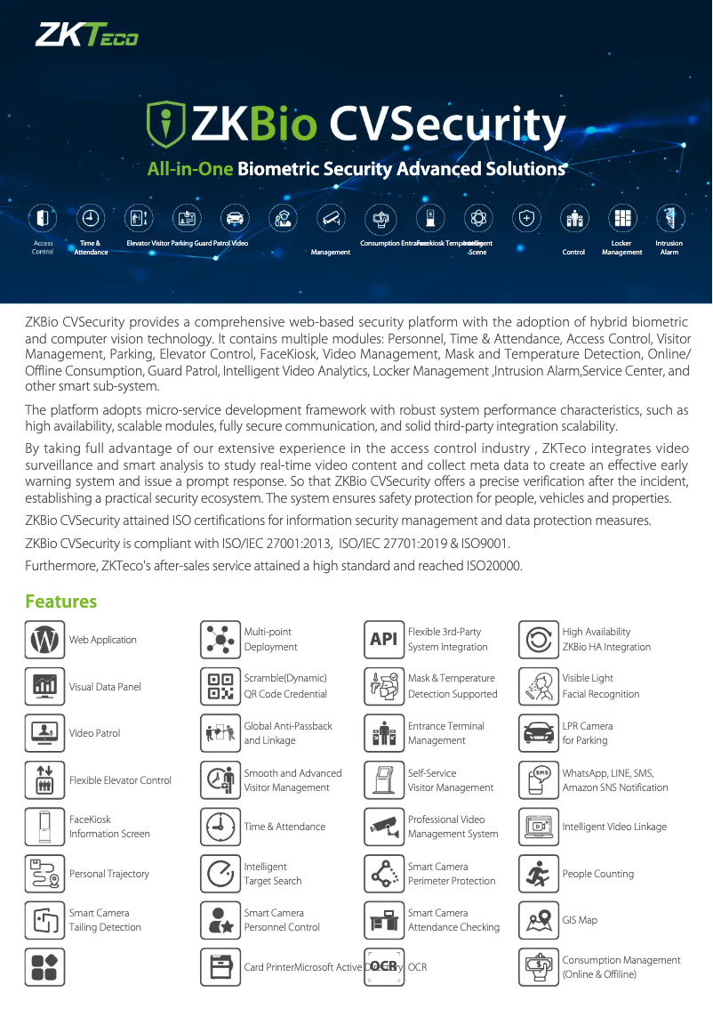 Page 1 de la notice Fiche technique ZKTeco ZKBio CVSecurity