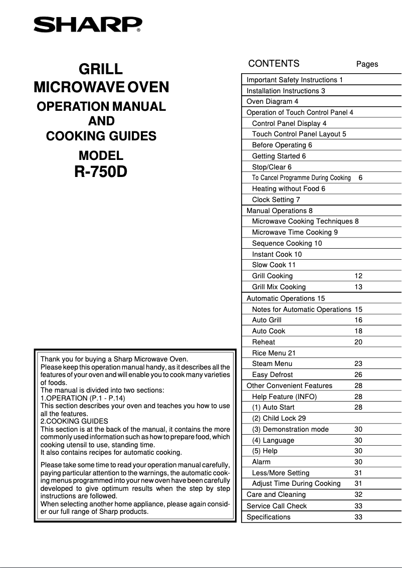 Page n°1 - Manuel utilisateur Sharp R-750D