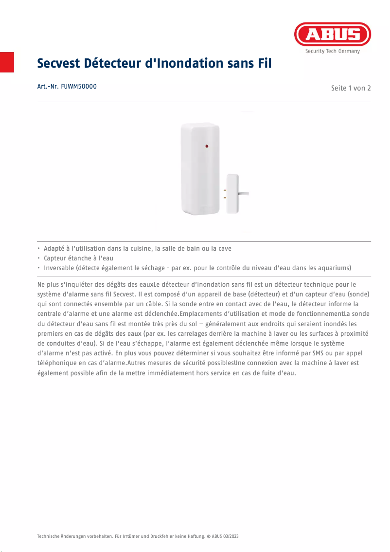 Page 1 de la notice Fiche technique Abus FUWM50000