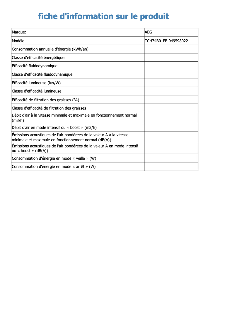 Page n°1 - Fiche technique AEG TCH74B01FB