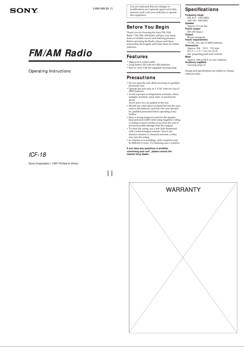 Page 1 de la notice Manuel utilisateur Sony ICF-18