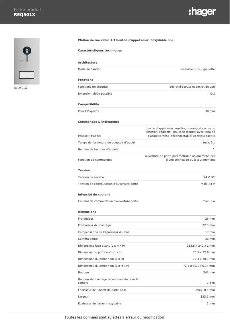 Page n°1 - Fiche technique Elcom REQ501X