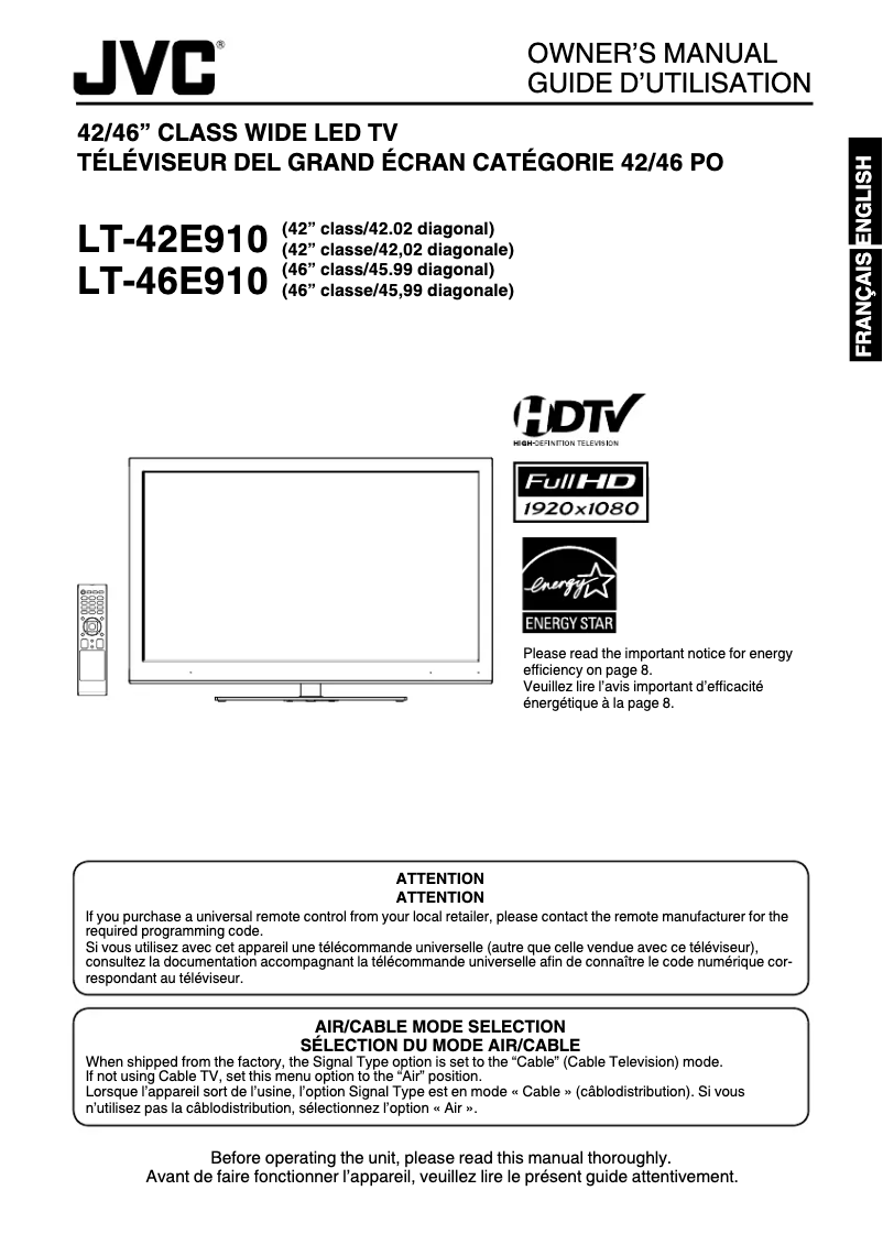 Page 1 de la notice Manuel utilisateur JVC LT-42E910
