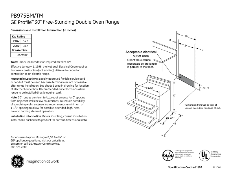 Page 1 of the manual Technical Sheet GE Profile PB975BMBB