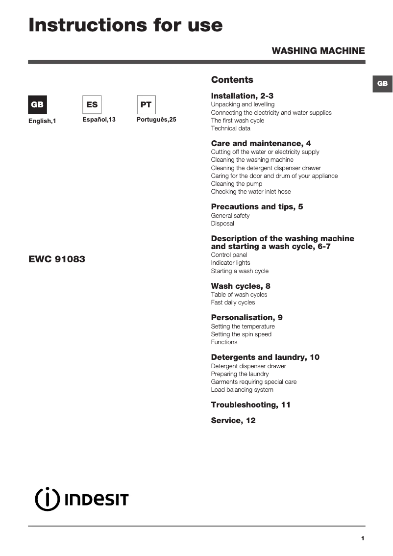 Image de la première page du manuel de l'appareil EWC 91083 BS IT/1