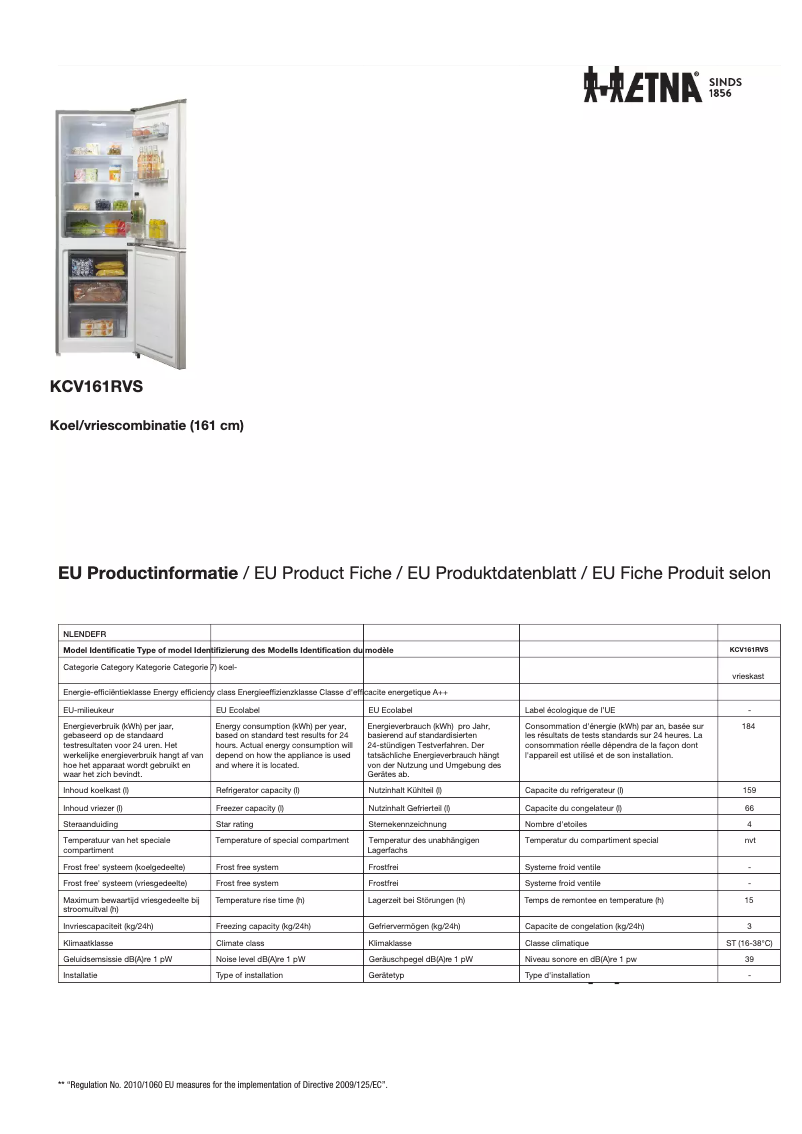 Page 1 de la notice Fiche technique Etna KCV161RVS
