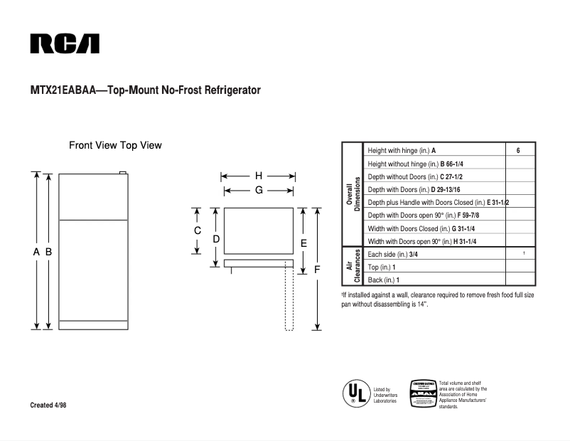 Page 1 de la notice Fiche technique RCA MTX21EABAA