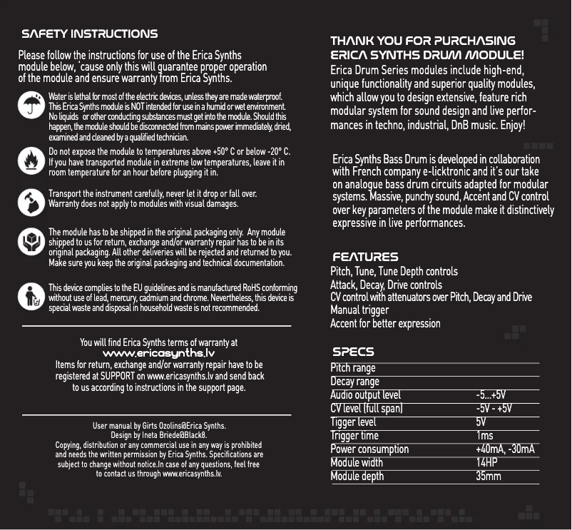 Page n°1 - Manuel utilisateur Erica Synths Bass Drum