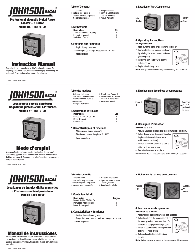 Page n°1 - Manuel utilisateur Johnson Level 1886-0100