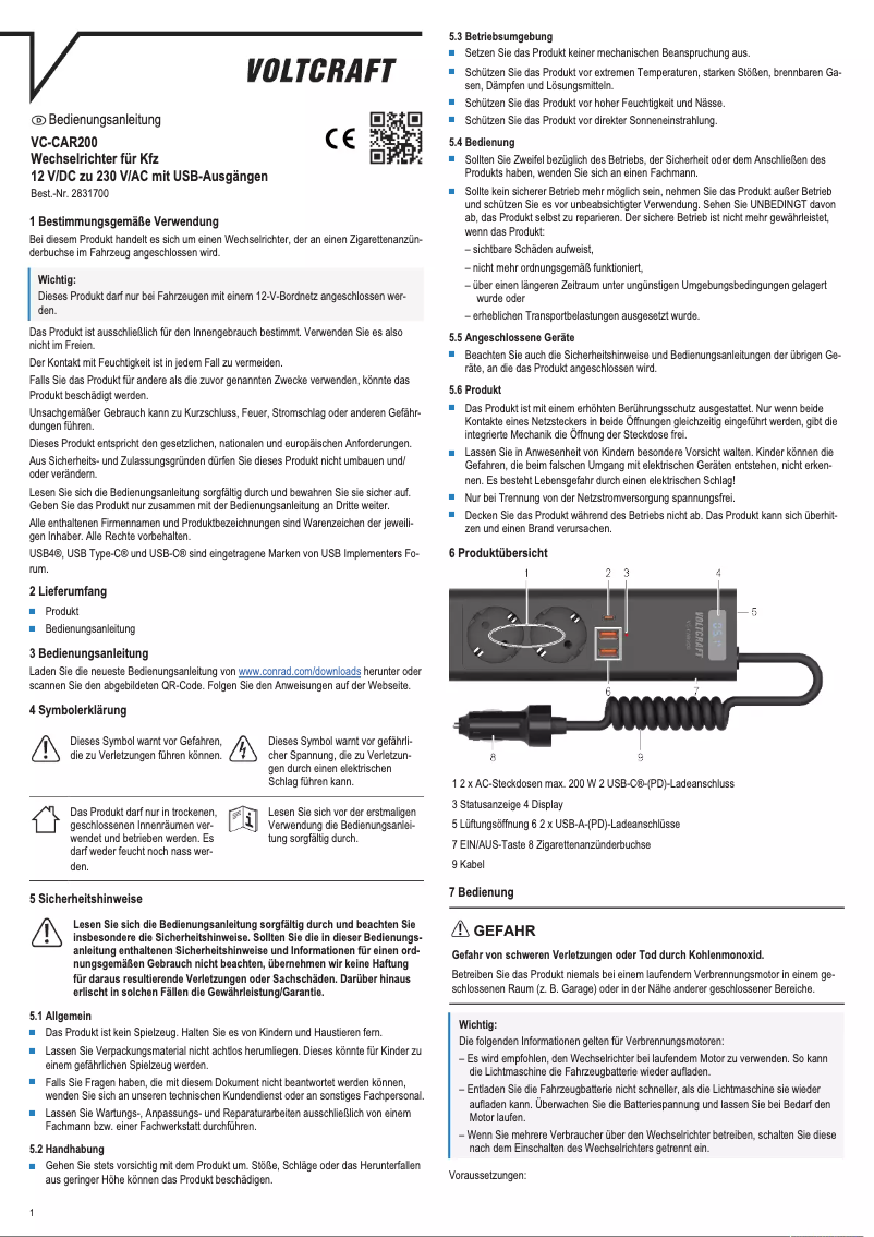 Page 1 de la notice Manuel utilisateur Voltcraft VC-CAR200
