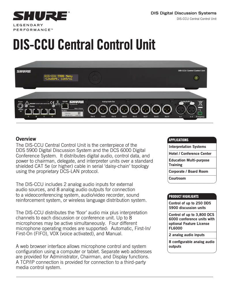 Page 1 de la notice Fiche technique Shure DIS-CCU