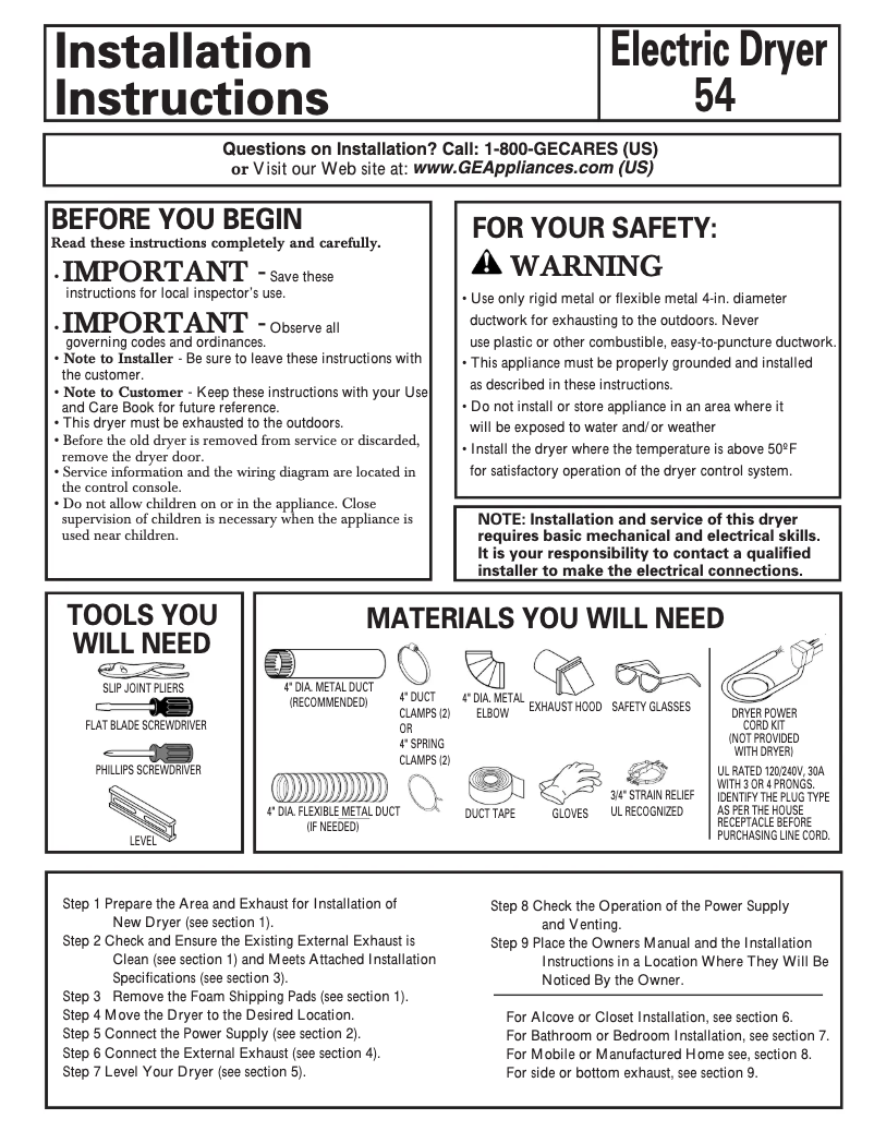 Page n°1 - Guide d'installation GE DBVH510EHWW