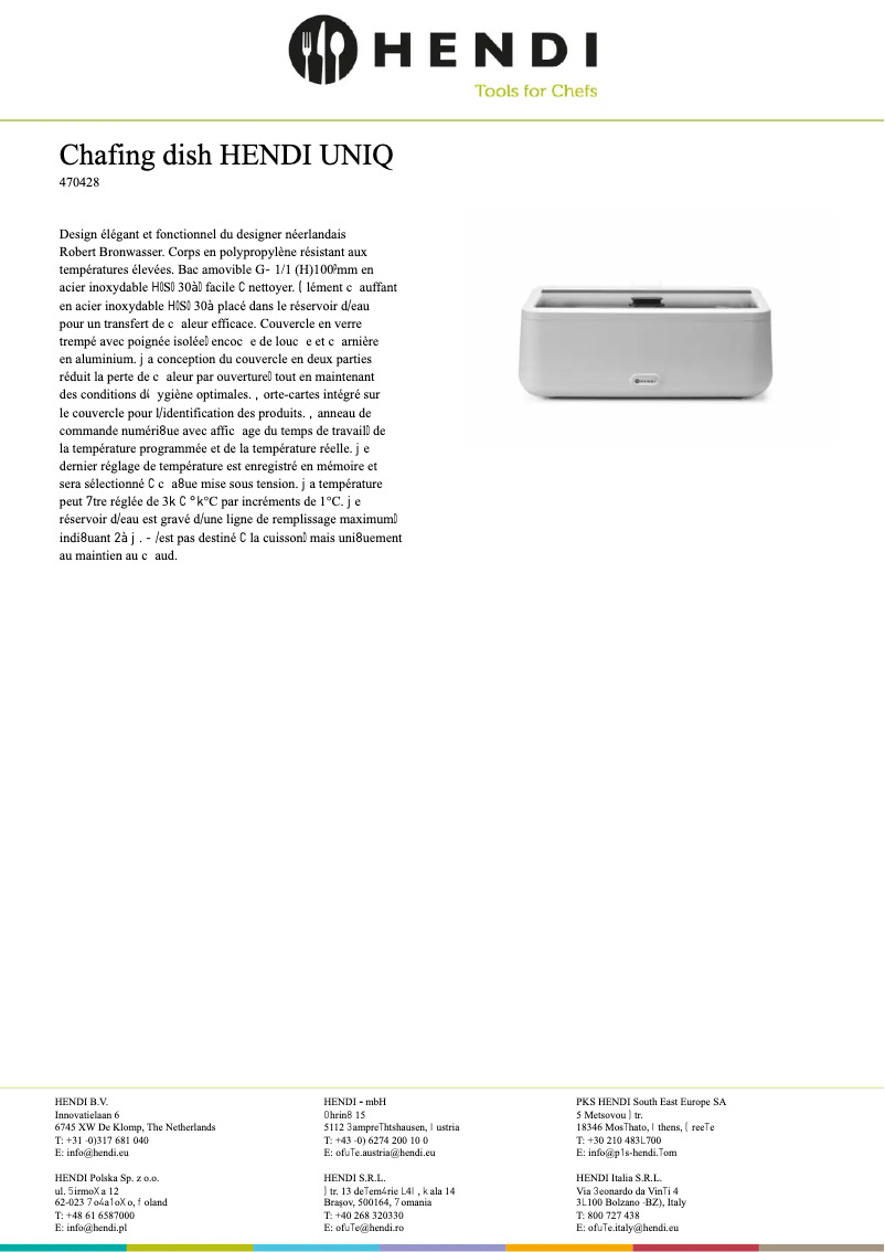 Page 1 de la notice Fiche technique Hendi Uniq 470442