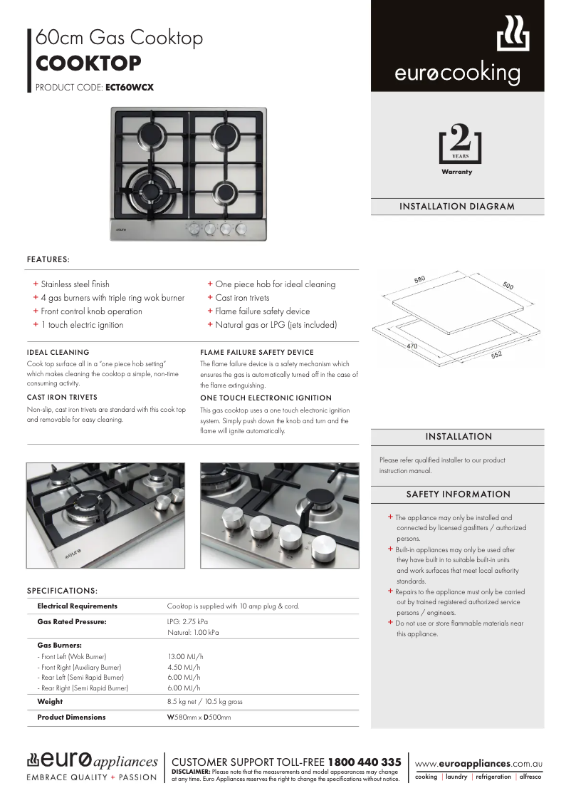 Page n°1 - Fiche technique Euro Appliances ECT60WCX