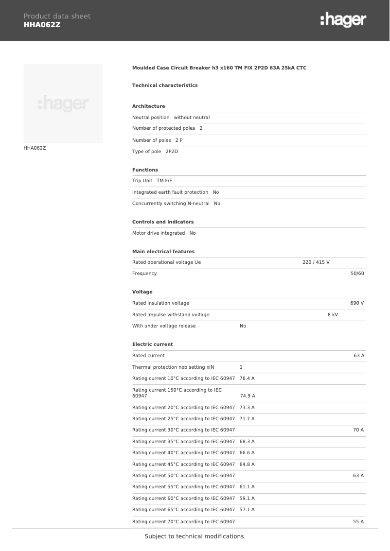 Page n°1 - Fiche technique Hager HHA062Z