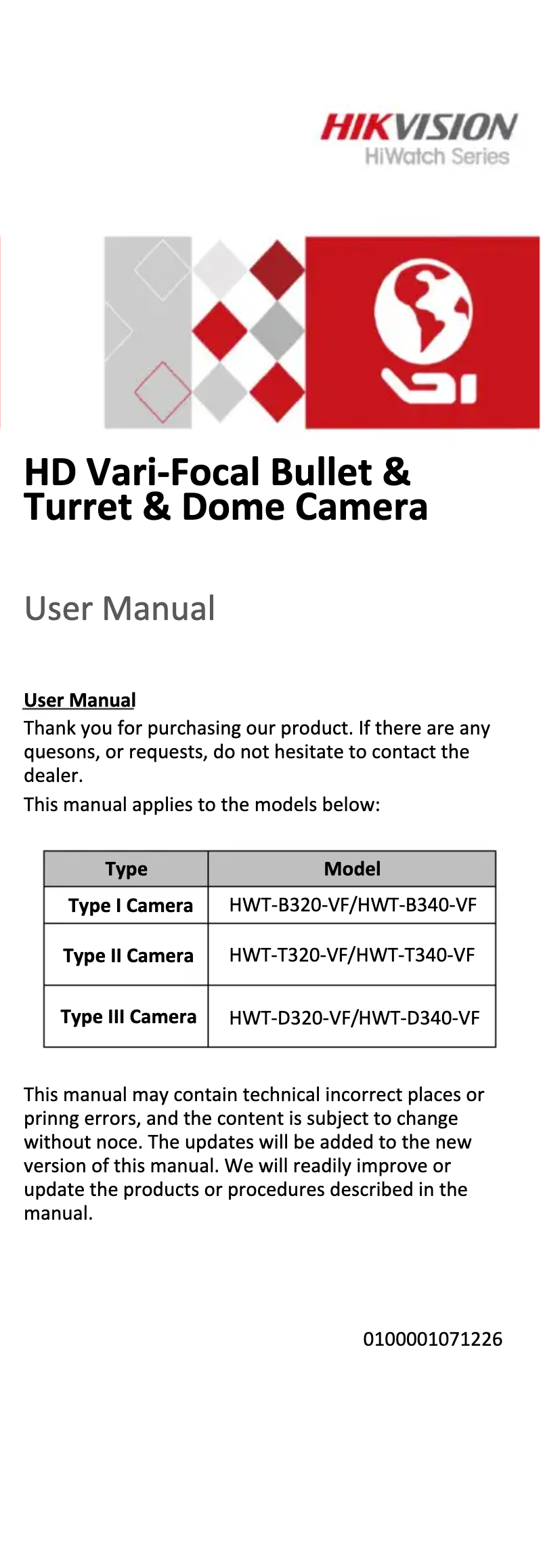Page 1 de la notice Manuel utilisateur Hikvision HWT-B340-VF