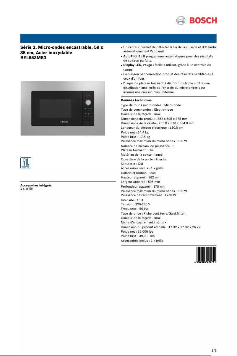 Page n°1 - Fiche technique Bosch BEL653MS3