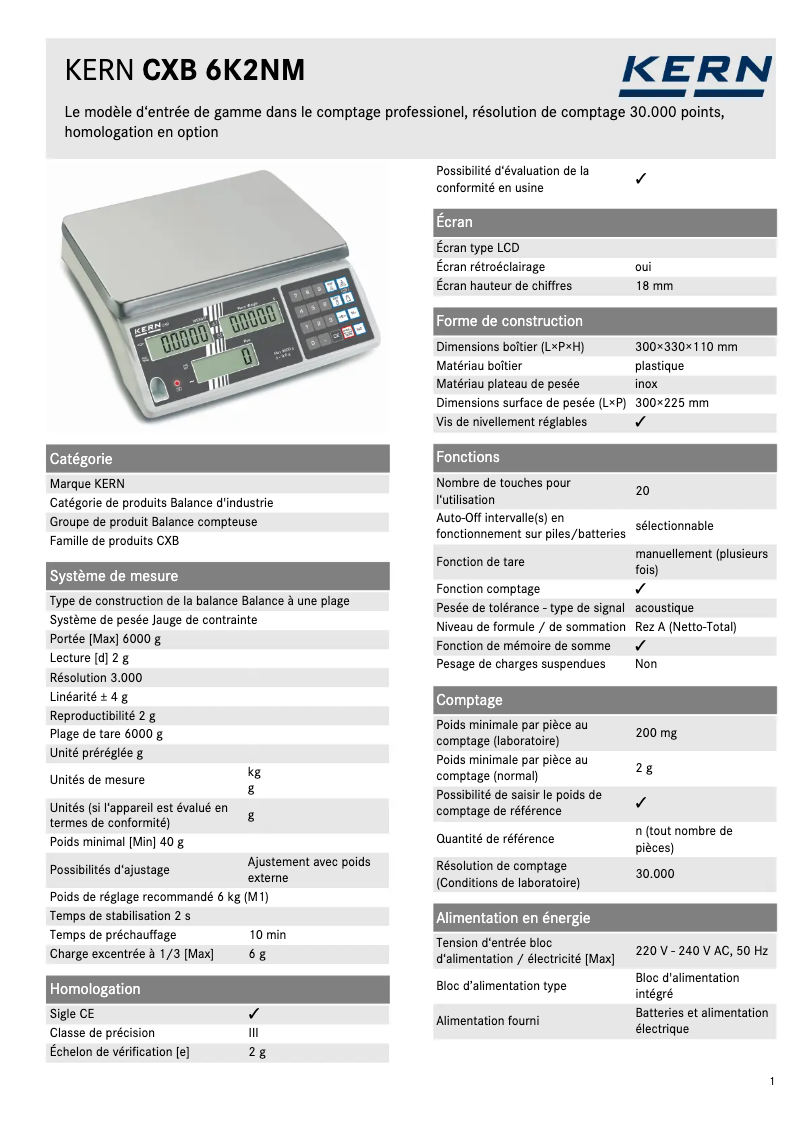 Page n°1 - Fiche technique Kern CXB 6K2NM