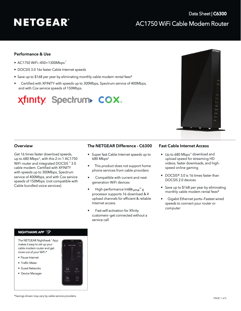 Page 1 de la notice Fiche technique Netgear C6300v2