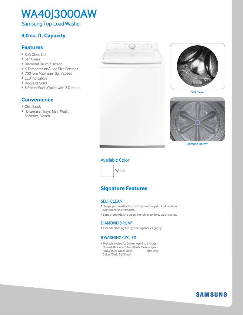Page n°1 - Fiche technique Samsung WA40J3000AW