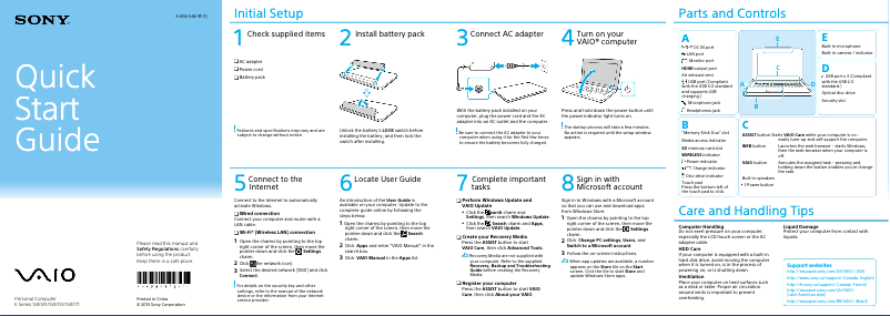Page n°1 - Guide d'installation Sony Vaio SVE1513MCXB