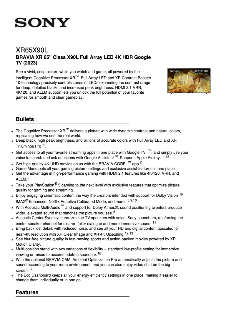Page n°1 - Fiche technique Sony XR-65X90L