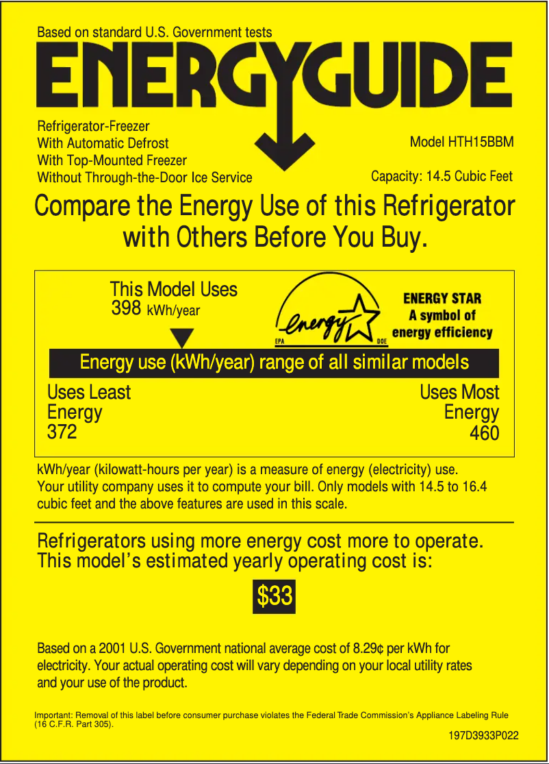Page 1 de la notice Label énergétique Hotpoint HTH15BBMLAA