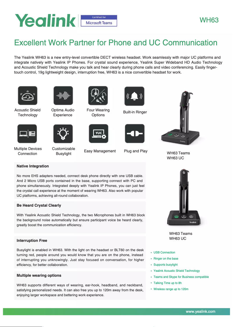 Page 1 de la notice Fiche technique Yealink WH63