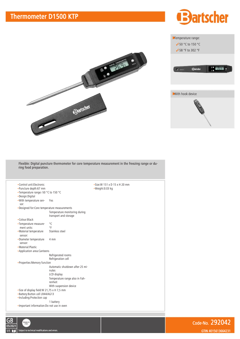 Page 1 de la notice Manuel utilisateur Bartscher D1500 KTP