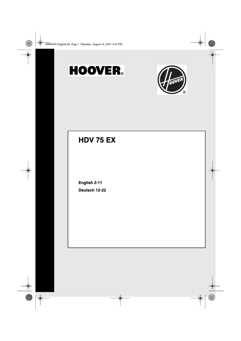 Page 1 de la notice Manuel utilisateur Hoover HDV 75 EX