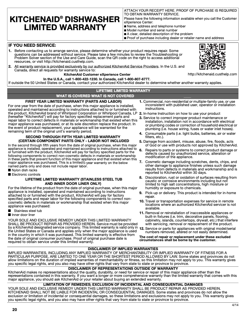 Page 1 de la notice Mode d'emploi KitchenAid KDTM404E