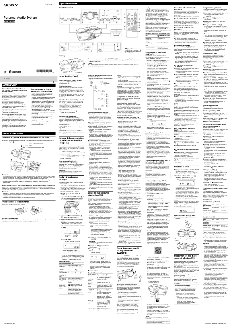 Page 1 de la notice Manuel utilisateur Sony ZS-BTG905