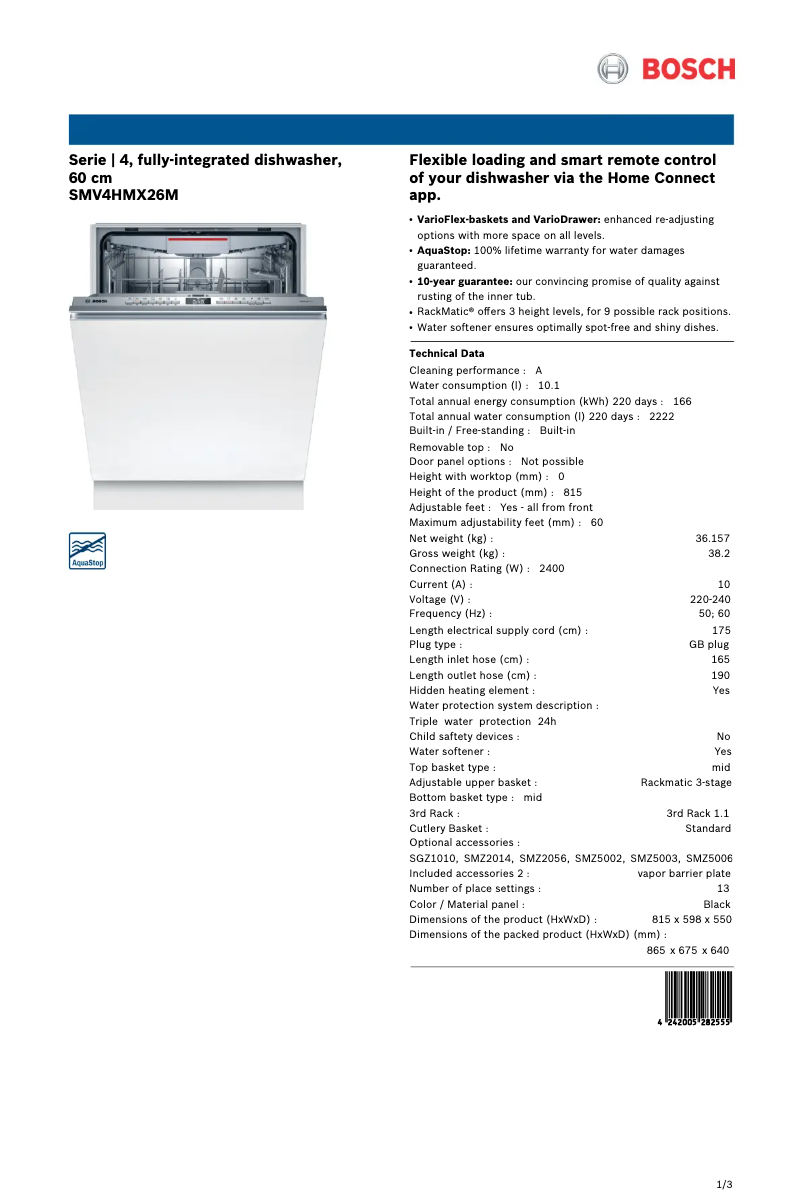 Page 1 de la notice Fiche technique Bosch SMV4HMX26M