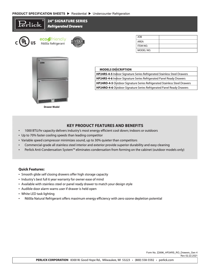 Página 1 del manual Ficha técnica Perlick HP24RS-4-5