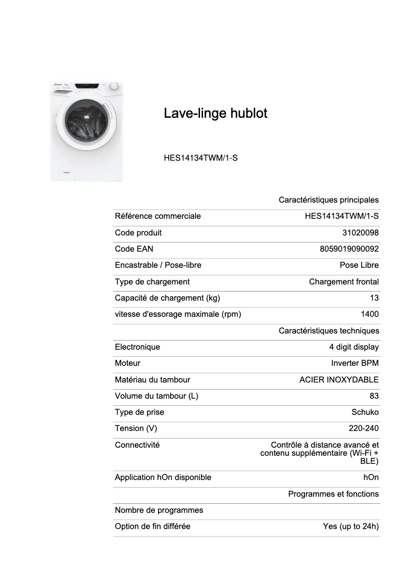 Page 1 de la notice Fiche technique Candy HES14134TWM/1-S