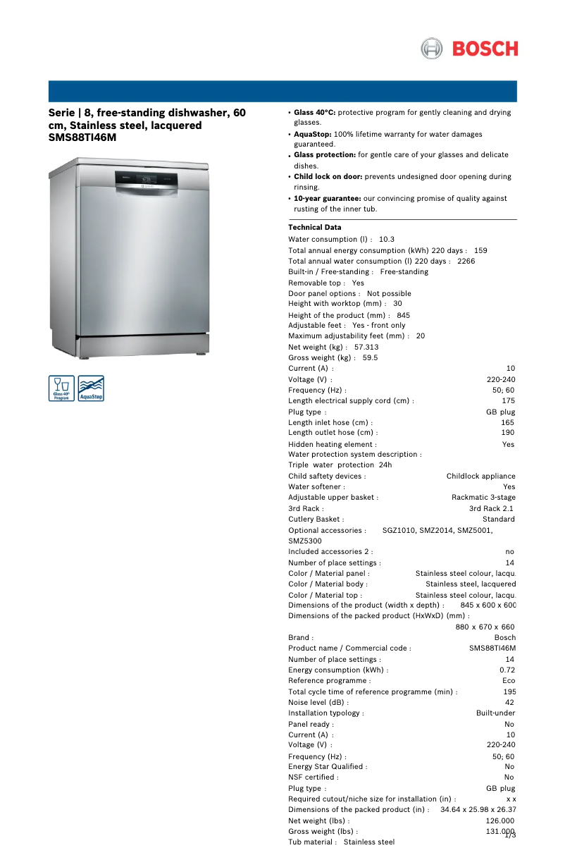 Page 1 de la notice Fiche technique Bosch SMS88TI46M