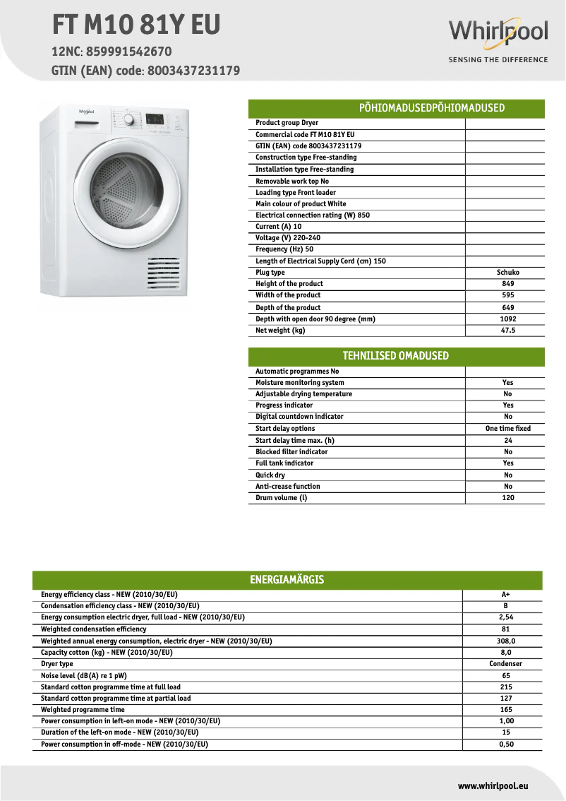Página 1 del manual Ficha técnica Whirlpool FT M10 81Y EU
