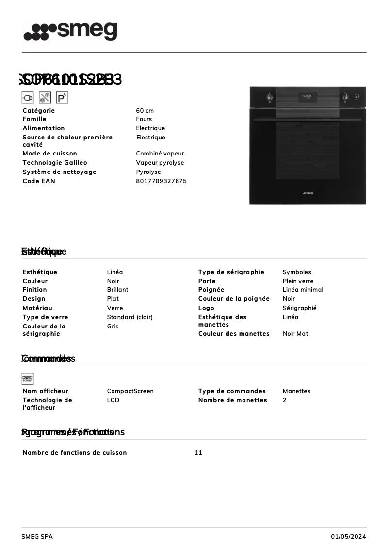 Page n°1 - Fiche technique Smeg SOP6101S2B3