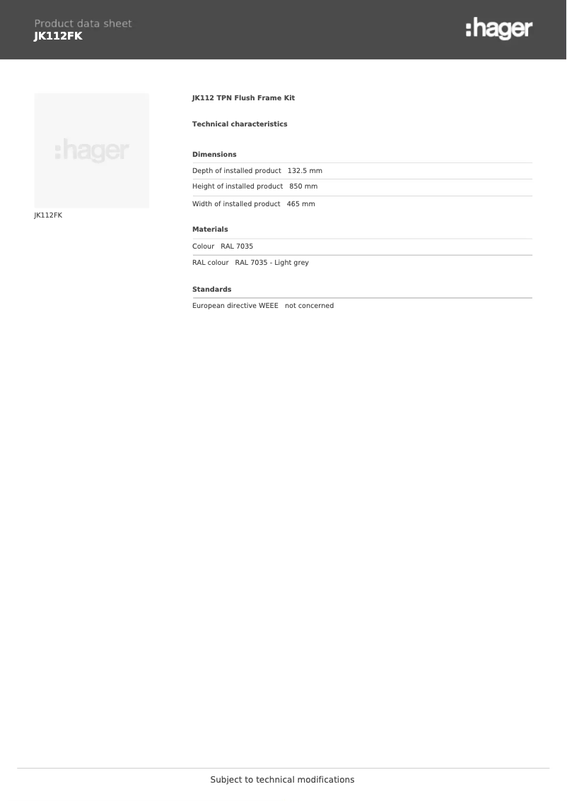 Page 1 de la notice Fiche technique Hager JK112FK