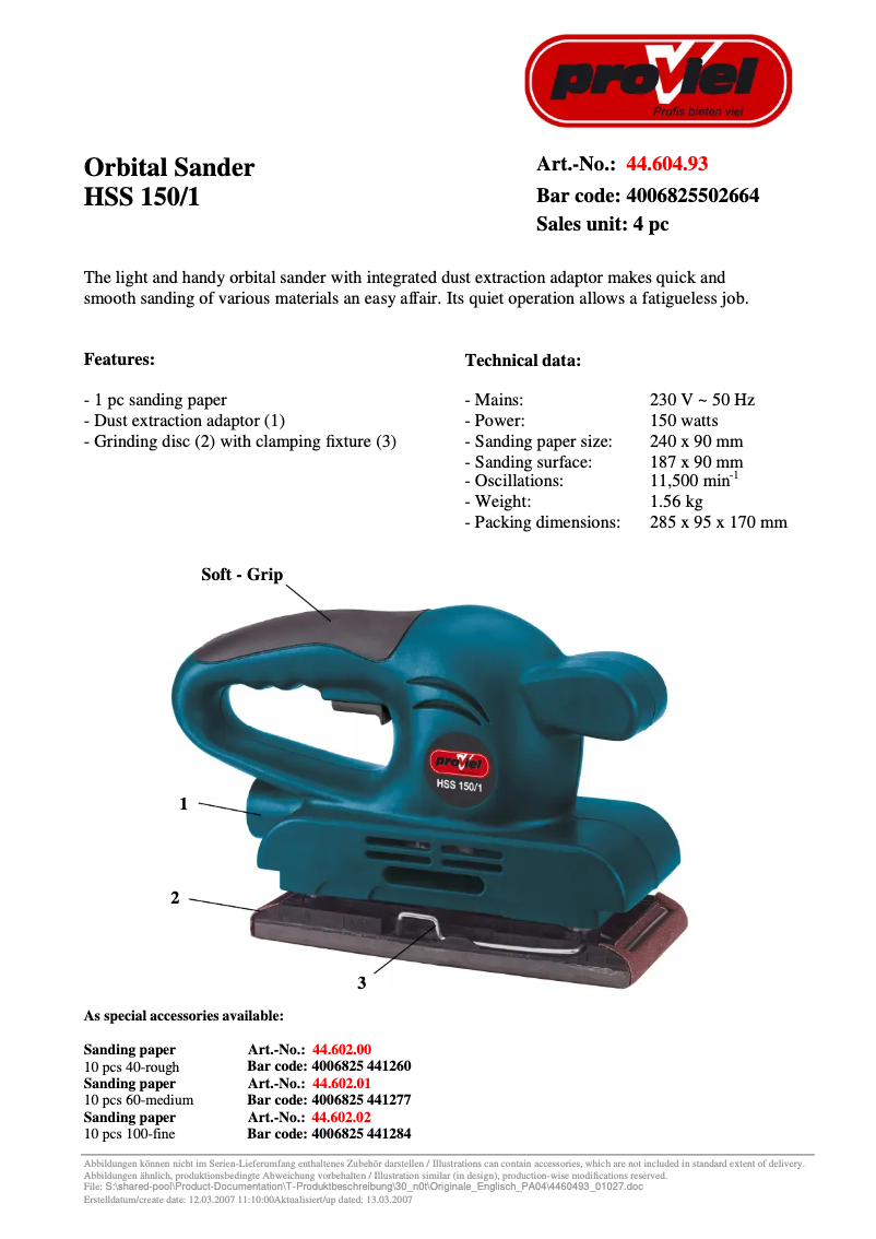 Page n°1 - Manuel utilisateur Proviel HSS 150/1