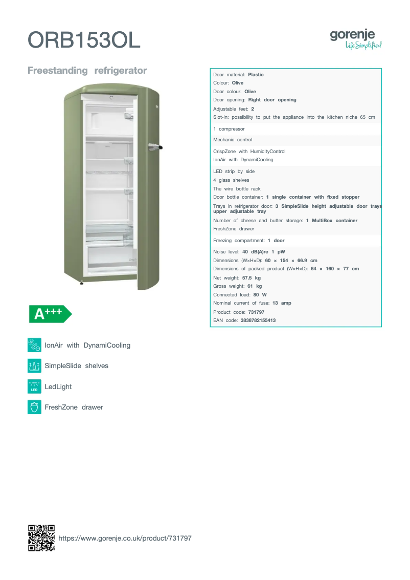 Page n°1 - Fiche technique Gorenje ORB153OL