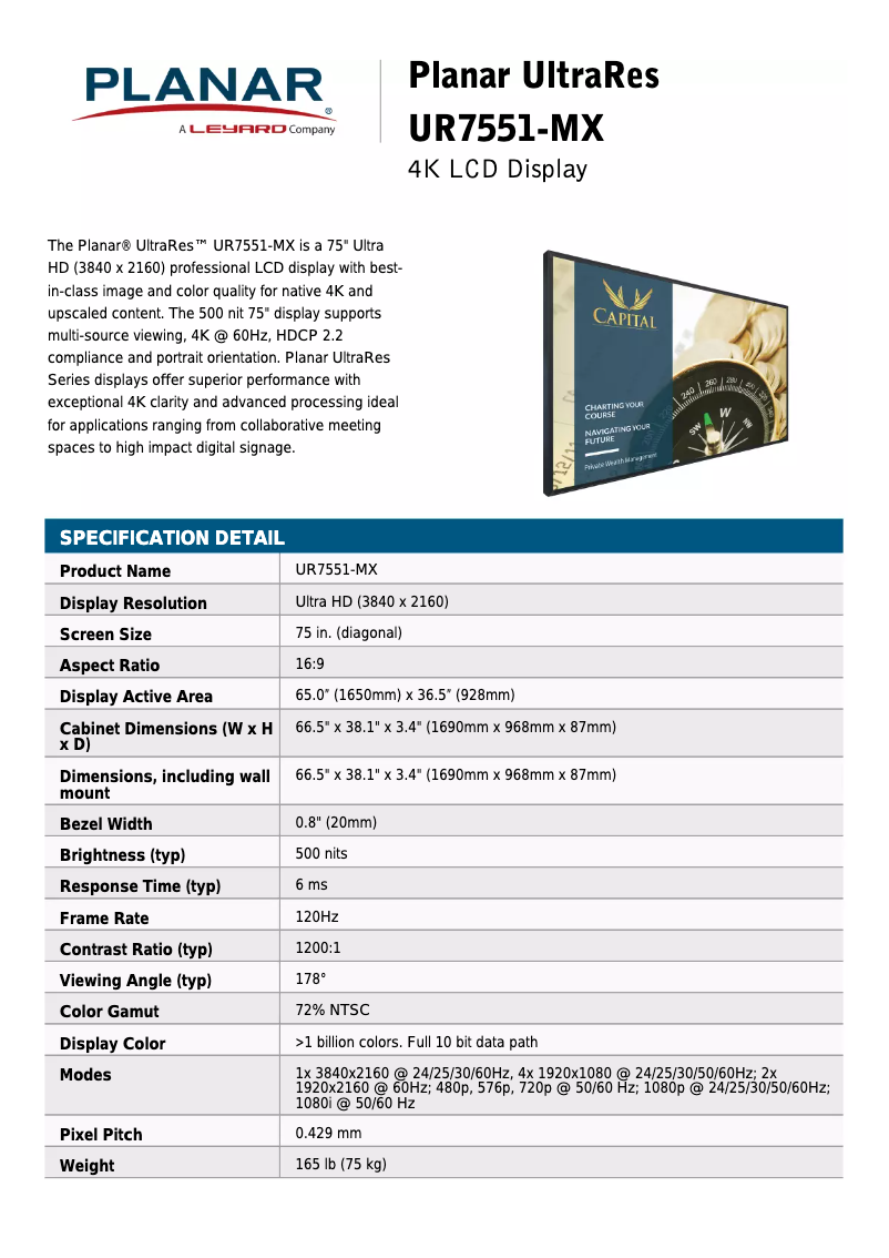 Page n°1 - Fiche technique Planar UltraRes UR7551-MX