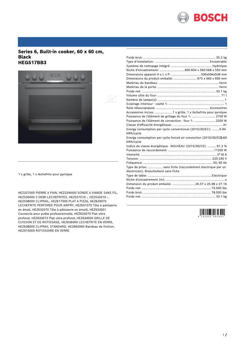 Page 1 de la notice Fiche technique Bosch HEG517BB3