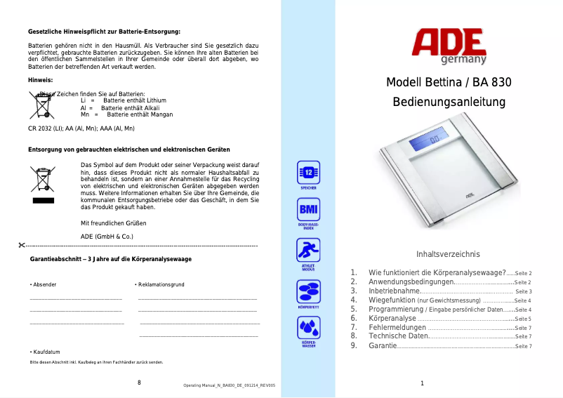 Page 1 de la notice Manuel utilisateur ADE Bettina BA 830