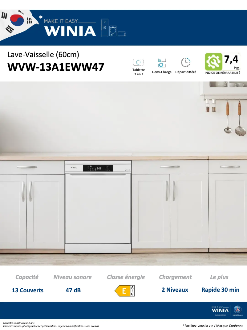 Page 1 de la notice Fiche technique Winia WVW-13A1EWW47