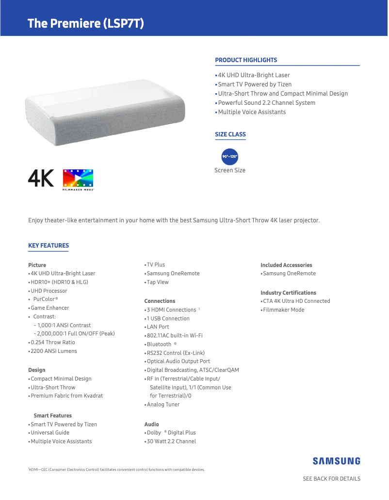 Page 1 de la notice Fiche technique Samsung The Premiere LSP9T